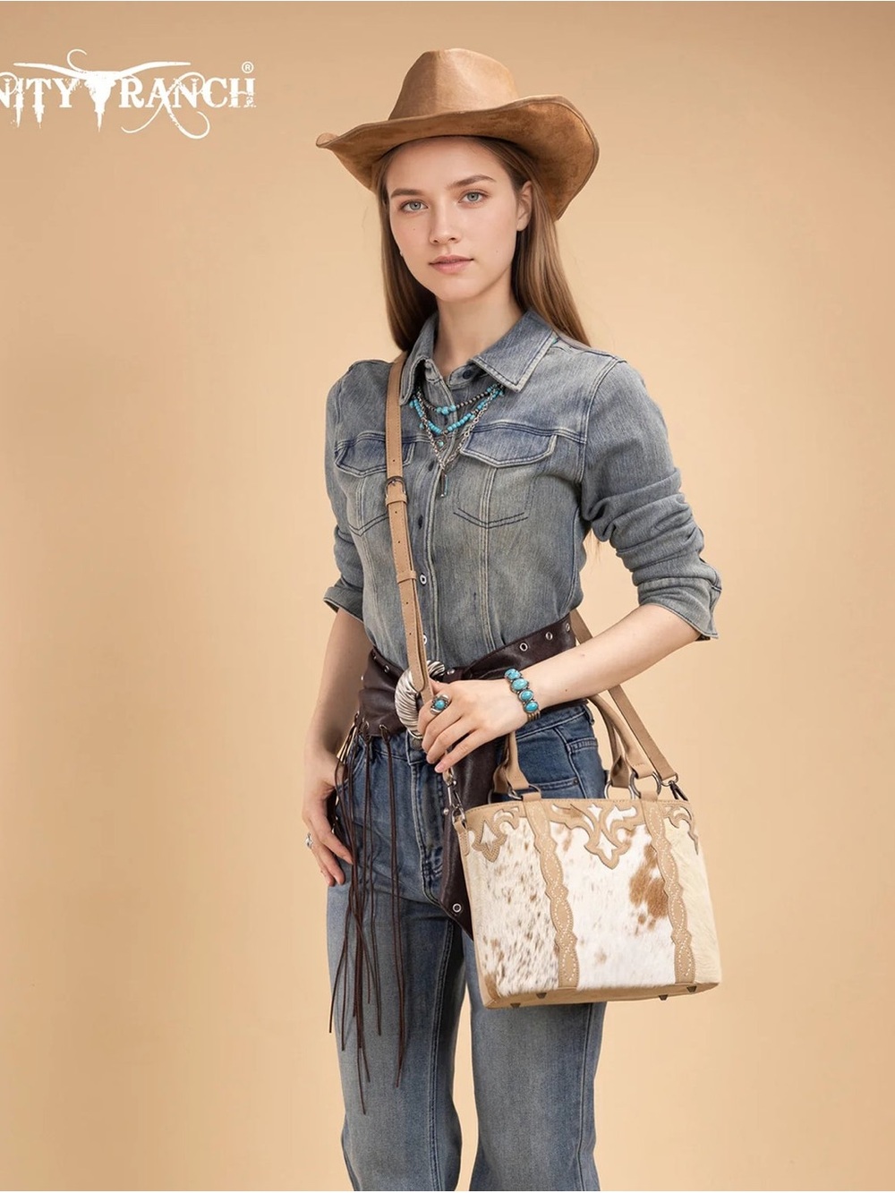 Trinity Ranch Genuine Hair-On Cowhide Collection Concealed Carry Tote - Tan - Picture 16 of 16